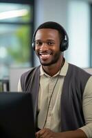 Portrait of a Handsome African Man, Customer Service Operator, Call Center Worker Talking Through Headset with Customer in Modern Office. photo
