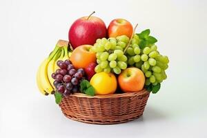 Fresco frutas en cesta aislado en blanco fondo, sano frutas Rico en vitaminas generativo ai foto