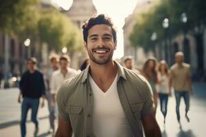 Stylish Latin Man Walking in Modern City, Handsome Latin Guy Walks on a Crowded Pedestrian Street. photo
