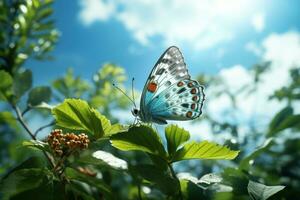 hermosa mariposa rodeado por flores y hojas azul cielo antecedentes. generativo ai foto