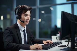 Portrait of a Handsome Asian Man, Customer Service Operator, Call Center Worker Talking Through Headset with Customer in Modern Office. photo