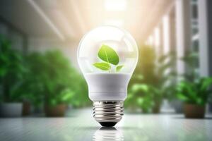 Eco Friendly Lightbulb, Energy Efficiency, Renewable and Sustainable Energy Concept. Generative Ai photo