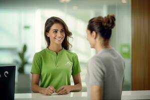 Portrait of Smiling Receptionist Female Greeting Client, Happy Business Woman Reception in Modern Office photo