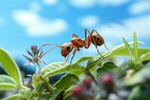 Close up Shot of Ant Finding Food on Leaf Cloudy Blue Sky Background. Generative Ai photo