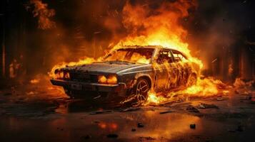 Car on Fire Accident, Burning Car Background, Car Insurance Concept. Generative Ai photo