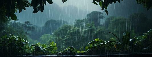 épico fotografía Disparo de lluvioso temporada fondo, disfrutando naturaleza lluvia y contento vida concepto. generativo ai foto