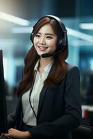 Portrait of a Beautiful Asian Customer Service Operator, Call Center Worker Talking Through Headset with Customer in Modern Office. photo