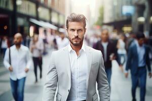 europeo empresario caminando en moderno ciudad, hermoso gerente camina en un concurrido peatonal calle, confidente masculino en ocupado calle. foto