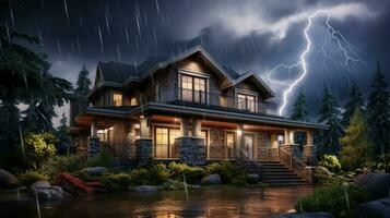House on Heavy Lightning Thunder Strom Background, Home Insurance Concept. Generative Ai photo