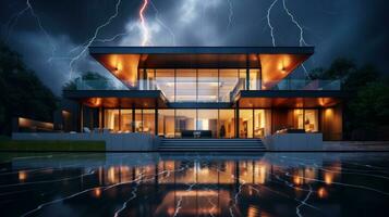 House on Heavy Lightning Thunder Strom Background, Home Insurance Concept. Generative Ai photo