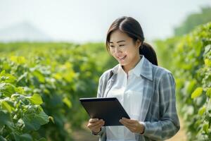 Portrait of Female Farmer Using Tablet in the Farm, Observes and Check Growth Plants, Agriculture Smart Farming Concept photo