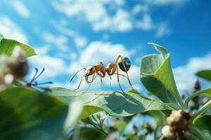 Close up Shot of Ant Finding Food on Leaf Cloudy Blue Sky Background. Generative Ai photo