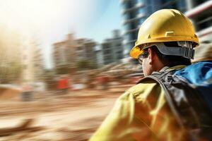 construcción trabajador vistiendo la seguridad uniforme, Ingenieria trabajos en edificio construcción sitio, civil ingeniero observa y comprobación el proyecto foto