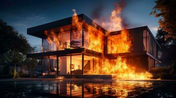 House on Fire Accident, Burning Car Background, Home Insurance Concept. Generative Ai photo