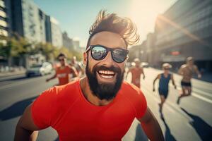 masculino corriendo maratón con otro corredores en un calle de moderno ciudad. hermoso joven hombre corriendo para sano vida. foto