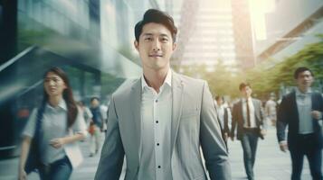 Asian Businessman Walking in Modern City, Handsome Man Walks on a Crowded Pedestrian Street, Asian Manager Surrounded by Blur People on Busy Street. photo