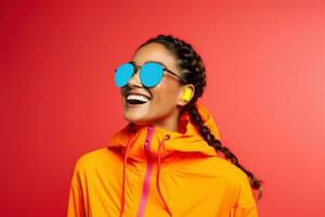 Portrait of Cheerful Woman Wears Sport Fashion, Happy Sporty Female Smiling on Studio Background, Winner Gesture Celebrating. photo