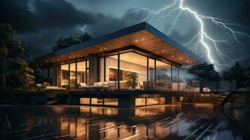 House on Heavy Lightning Thunder Strom Background, Home Insurance Concept. Generative Ai photo