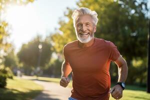 mayor hombre corriendo para sano vida, masculino corriendo ejercicio en verde naturaleza parque. foto