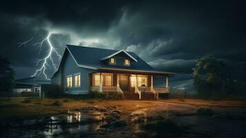 House on Heavy Lightning Thunder Strom Background, Home Insurance Concept. Generative Ai photo