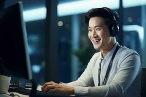 retrato de un hermoso asiático hombre, cliente Servicio operador, llamada centrar trabajador hablando mediante auriculares con cliente en moderno oficina. foto