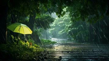 Epic Photography Shot of Rainy Season Background, Enjoying Nature Rainfall and Happy Life Concept. Generative Ai photo