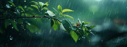 Epic Photography Shot of Rainy Season Background, Enjoying Nature Rainfall and Happy Life Concept. Generative Ai photo