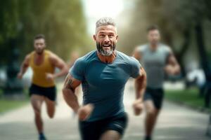 mayor hombre corriendo para sano vida, masculino corriendo ejercicio en verde naturaleza parque. foto