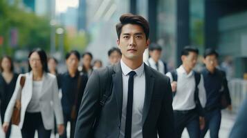 Asian Businessman Walking in Modern City, Handsome Man Walks on a Crowded Pedestrian Street, Asian Manager Surrounded by Blur People on Busy Street. photo