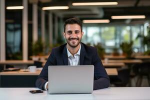 Handsome Latin Businessman Working with Computer, Male Manager Works in Modern Office, Analysis Data Statistics and Business Planning. photo