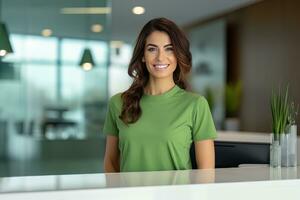 Portrait of Smiling Receptionist Female Greeting Client, Happy Business Woman Reception in Modern Office photo