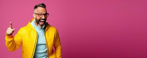 Portrait of Cheerful Man Wears Sport Fashion with Empty Copy Space, Happy Sporty Male Smiling on Studio Background, Winner Gesture Celebrating. photo