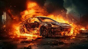 Car on Fire Accident, Burning Car Background, Car Insurance Concept. Generative Ai photo