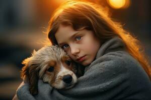 pequeño niña abrazando su perro con calentar ligero fondo, niño abrazos un extraviado perro a transporte un sentido de amor. foto