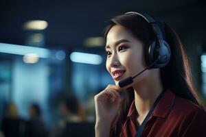 Portrait of a Beautiful Asian Customer Service Operator, Call Center Worker Talking Through Headset with Customer in Modern Office. photo
