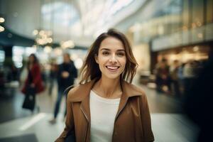 Portrait of Happy Female Goes to Shopping in Clothing Store, Beautiful Man Walking in Shopping Mall Surrounded By Blurred People photo