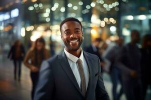 retrato de contento africano americano empresario caminando en calle a noche, sonriente negro gerente en moderno ciudad rodeado por borroso gente. foto