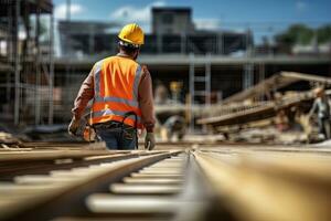 construcción trabajador vistiendo la seguridad uniforme, Ingenieria trabajos en edificio construcción sitio, civil ingeniero observa y comprobación el proyecto foto