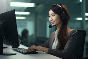 Portrait of a Beautiful Asian Customer Service Operator, Call Center Worker Talking Through Headset with Customer in Modern Office. photo
