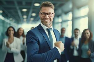 Confident Businessman Showing a Fighting Pose, Handsome Manager Gestures Raising Fists in Modern Office, Male Entrepreneur Fights a Problem photo