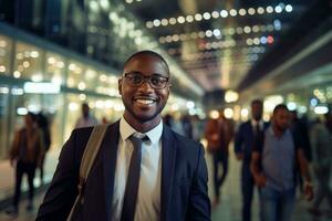 Portrait of Happy African American Businessman Walking on Street at Night, Smiling Black Manager in Modern City Surrounded By Blurred People. photo