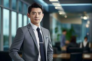 retrato de un hermoso empresario en moderno oficina, asiático gerente mirando a cámara y sonriente, confidente masculino CEO planificación y gerente empresa estrategia. foto
