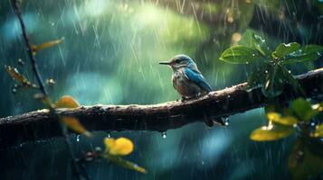 Epic Photography Shot of Bird on Rainy Day. Lively Rainy Season Concept. Generative Ai photo