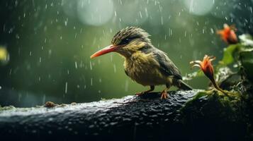 épico fotografía Disparo de pájaro en lluvioso día. animado lluvioso temporada concepto. generativo ai foto