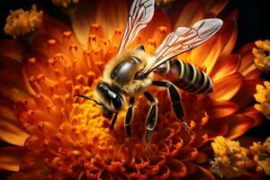 Epic Macro Photography Shot of Honey Bee. Closeup View of Working Bees. Generative Ai photo