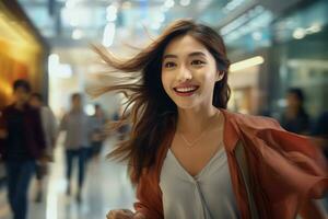 Portrait of Happy Female Goes to Shopping in Clothing Store, Beautiful Man Walking in Shopping Mall Surrounded By Blurred People photo