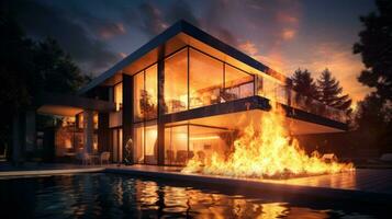 House on Fire Accident, Burning Car Background, Home Insurance Concept. Generative Ai photo