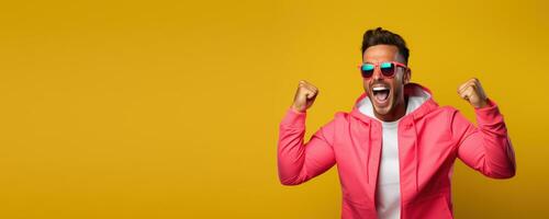 retrato de alegre hombre usa deporte Moda con vacío Copiar espacio, contento deportivo masculino sonriente en estudio fondo, ganador gesto celebrando. foto