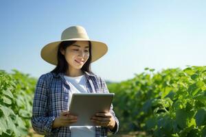Portrait of Female Farmer Using Tablet in the Farm, Observes and Check Growth Plants, Agriculture Smart Farming Concept photo
