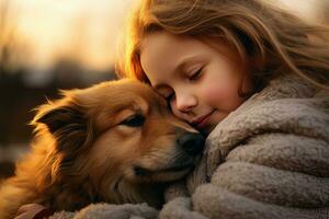 Little Girl Hugging her Dog with Warm Light Background, Kid Hugs a Stray Dog to Conveying a Sense of Love. photo